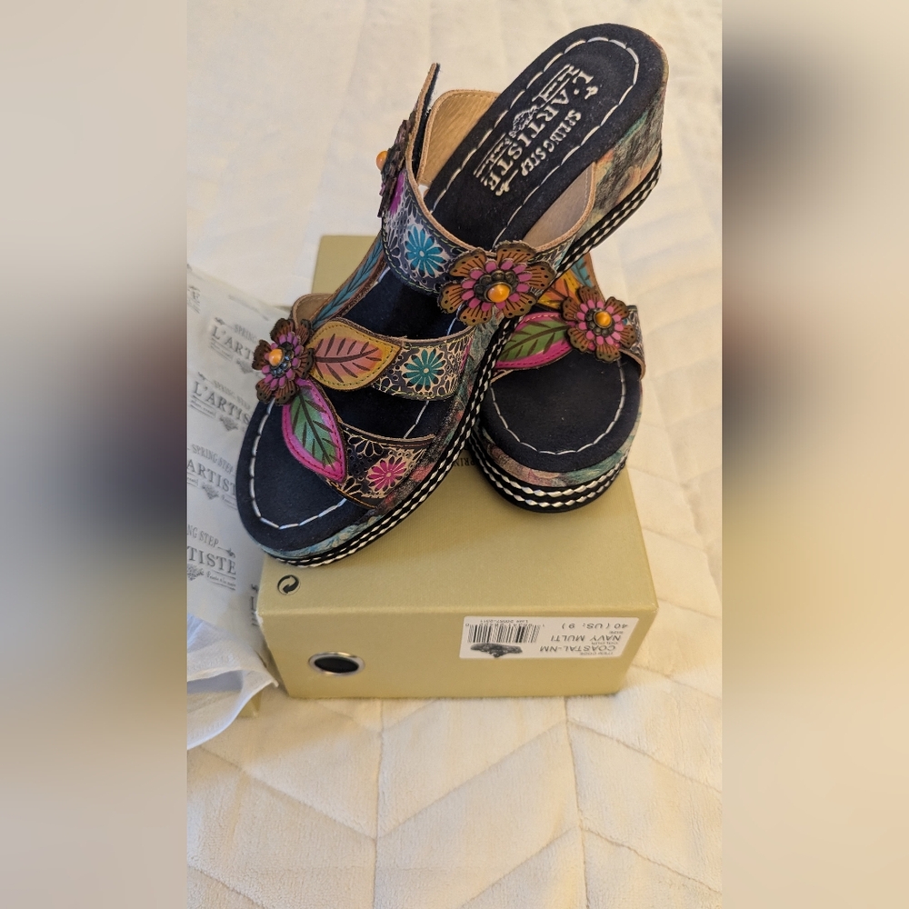 Spring Step L'Artiste Women's Coastal Hand-Painted Floral Slides - Open-Toe Wedg